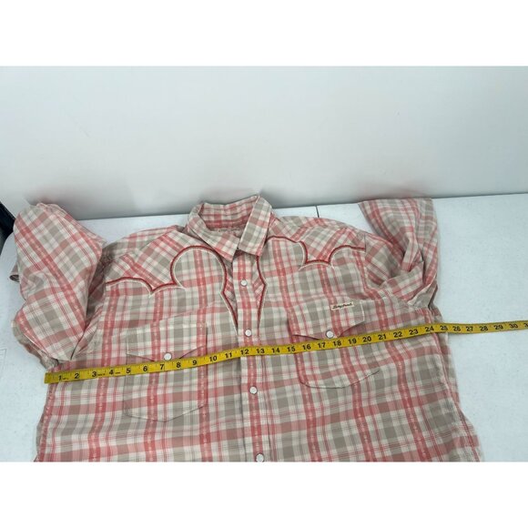 Lucky Brand XL Pearl Snap Long Sleeve Plaid Shirt Red Beige Tan Cowboy Rodeo - Picture 10 of 14